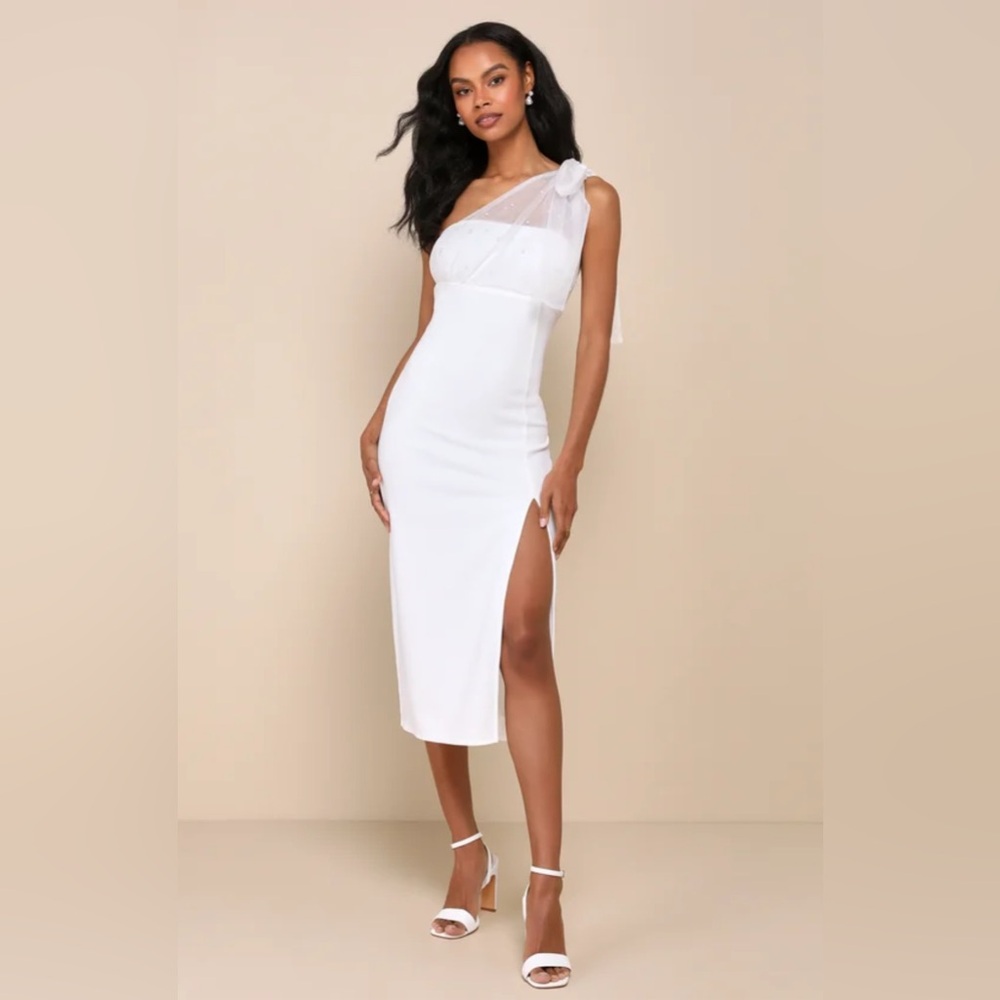 Lulus Elegant Indication Ivory Mesh Pearl One-Shoulder Midi Dress Sz XL NWOT